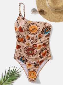 Allover Print One Shoulder One-Piece Swimsuit Bathing Suit For Summer Beach - Multicolor - View 5