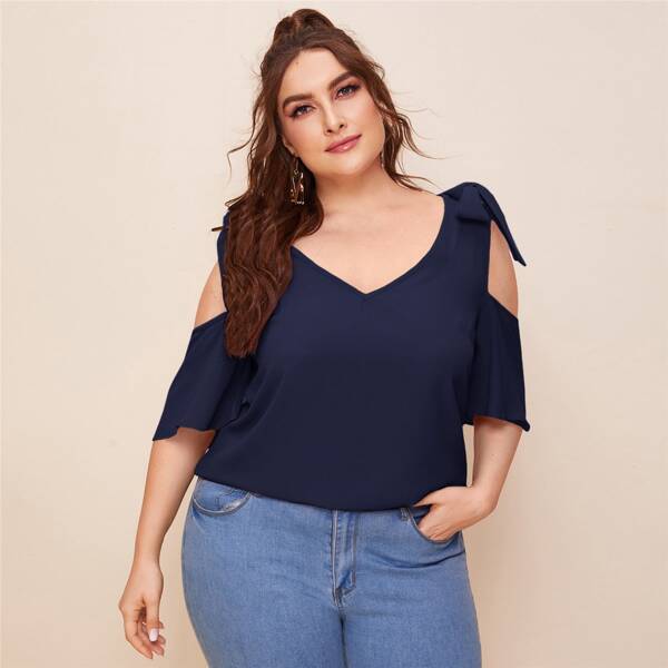 

Plus Double Bow Cold Shoulder Blouse, Navy blue