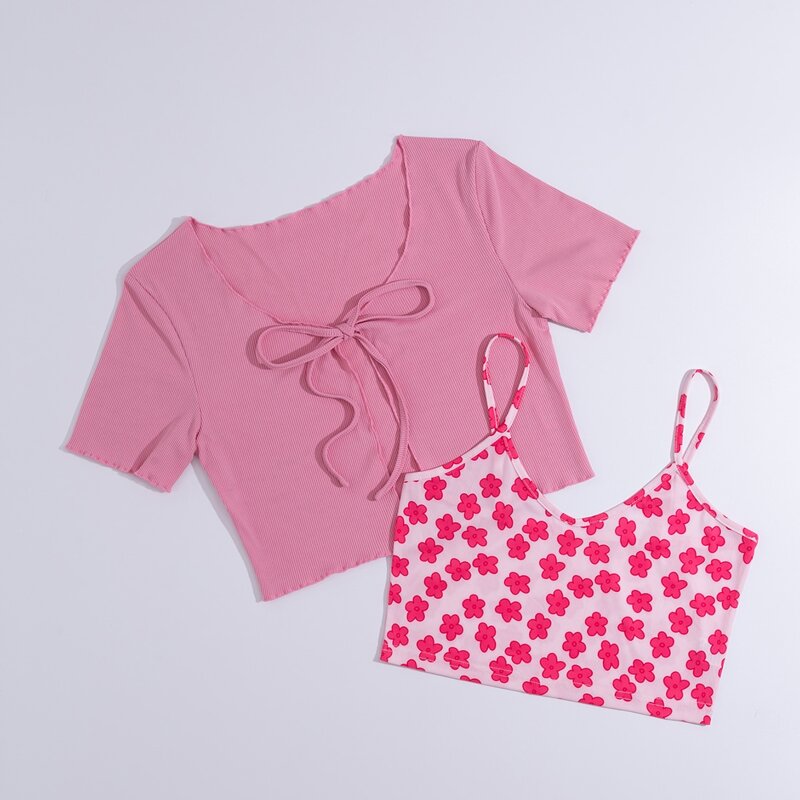 

Floral Print Crop Cami & Solid Tie Front Ribbed Top, Pink