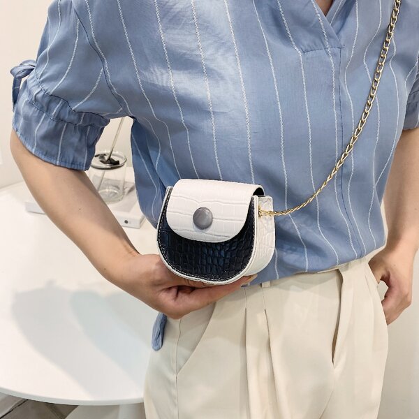 

Mini Croc Embossed Saddle Bag, Black and white