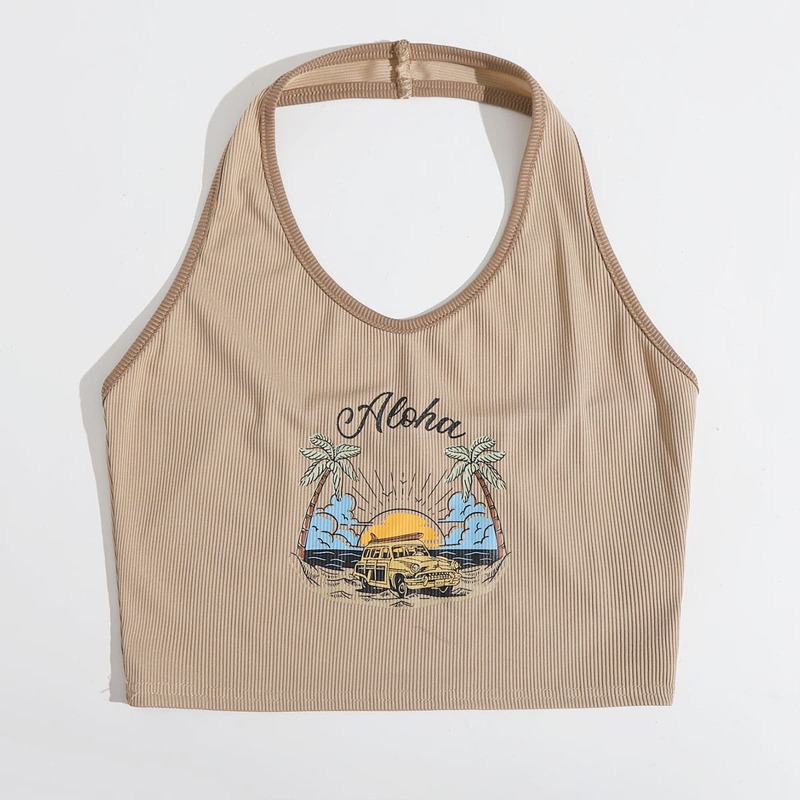 

Letter Car Graphic Ribbed Halter Top, Khaki