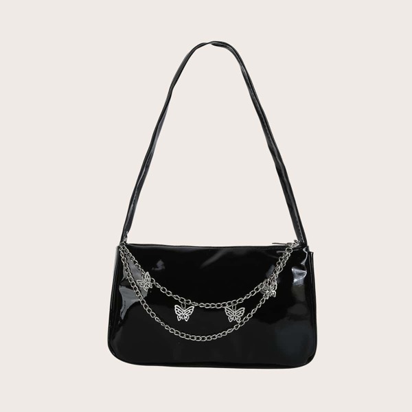 

Metal Butterfly & Chain Decor Baguette Bag, Black