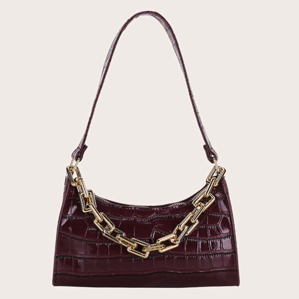 

Chain Decor Croc Embossed Shoulder Bag, Purple