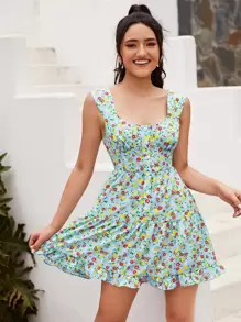 SHEIN Ruffle Hem Ditsy Floral Dress - Multicolor - View 1