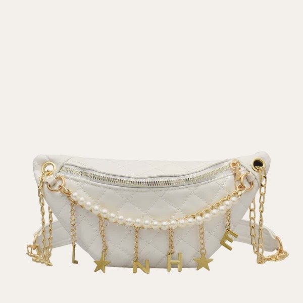 

Chain Decor Quilted Fanny Pack, White
