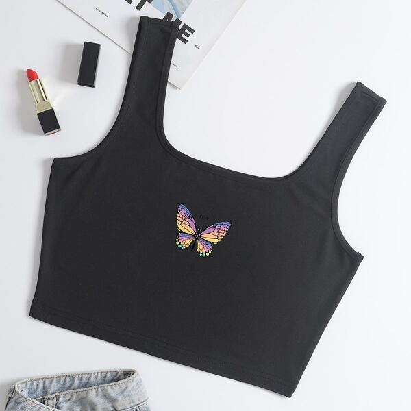 

Butterfly Print Crop Tank Top, Black