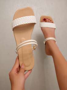 極簡風格編織設計兩穿式涼鞋 - 米色 - 查看 1