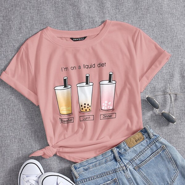 

Slogan & Cartoon Graphic Tee, Dusty pink