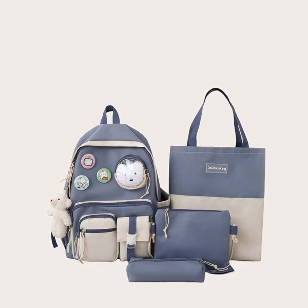 

4pcs Girls Two Tone Backpack Set, Blue and white