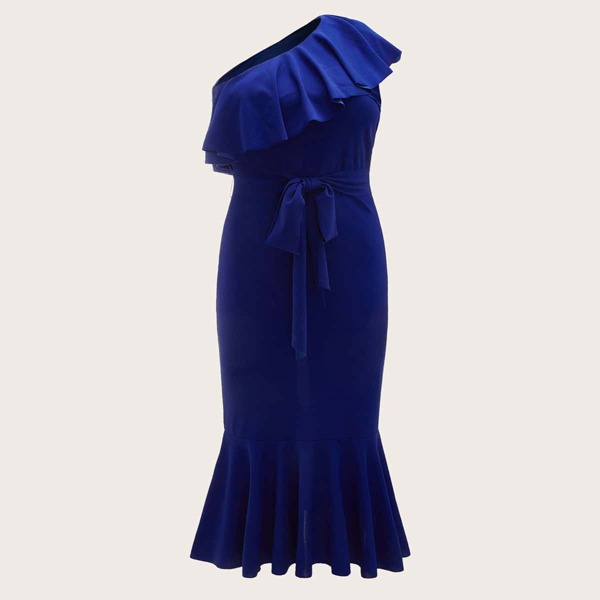 

Plus One Shoulder Ruffle Trim Self Belted Mermaid Dress, Royal blue