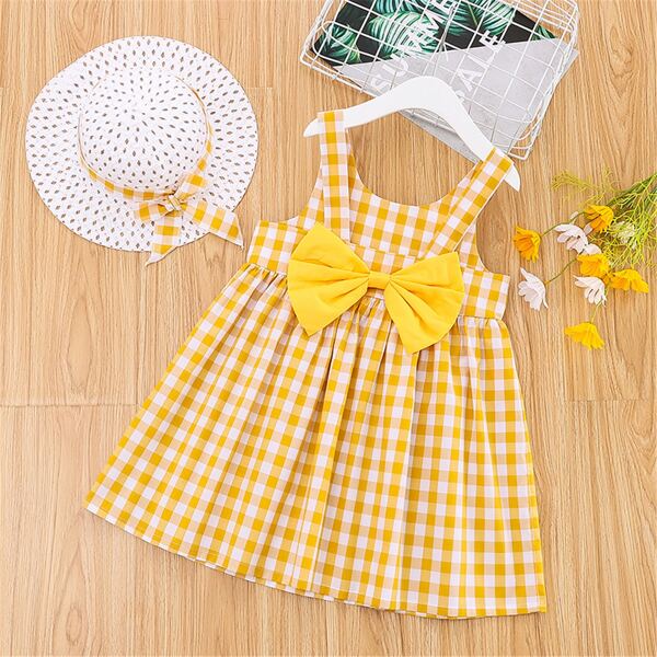 

Toddler Girls Gingham Big Bow Back Babydoll Dress With Hat, Yellow