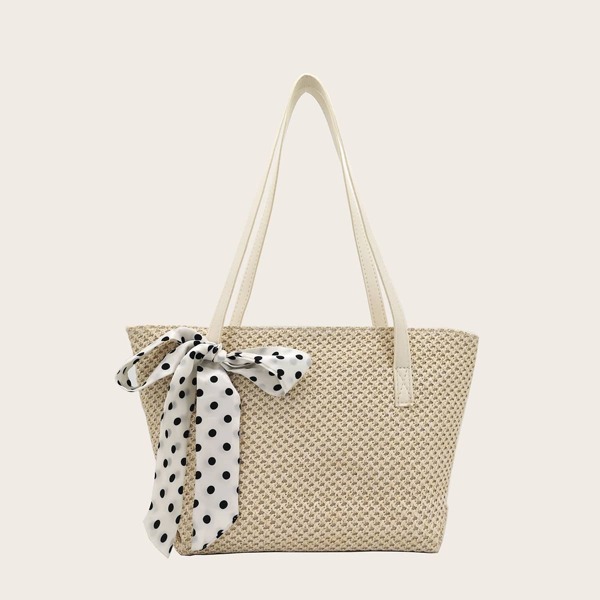 

Twilly Scarf Decor Woven Tote Bag, Beige