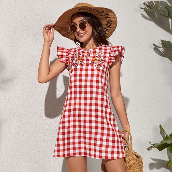 

Floral Embroidery Gingham Tunic Dress, Red and white