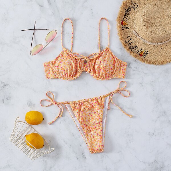 

Ditsy Floral Knot Underwire Bikini Swimsuit, Multicolor