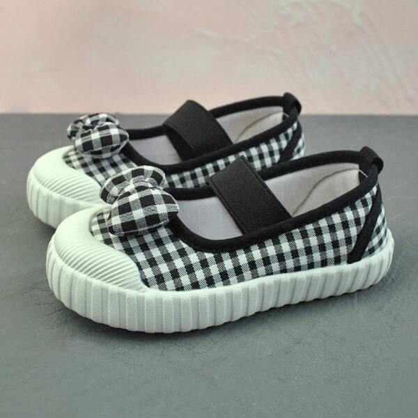

Toddler Girls Bow Decor Gingham Flats, Black and white