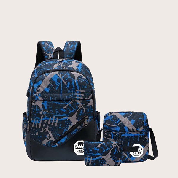 

3pcs Graphic Backpack Set, Blue