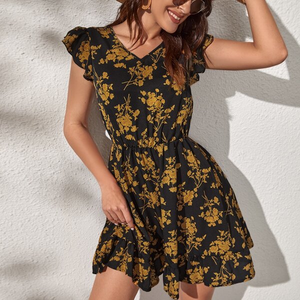 

Allover Floral Print Ruffle Hem A-line Dress, Multicolor