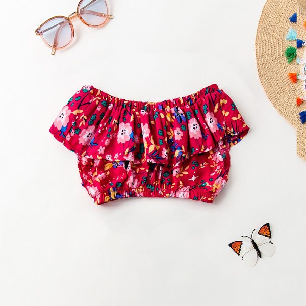 

Toddler Girls Floral Ruffle Trim Bardot Top, Red