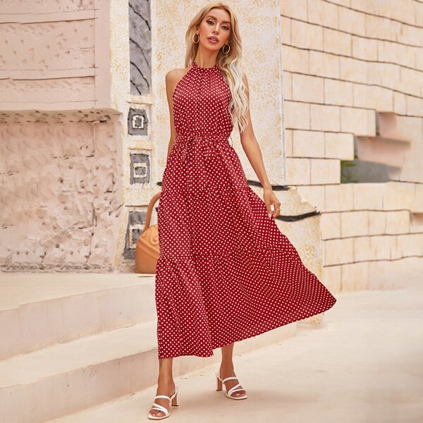 

Polka Dot Self Tie Flounce Hem Dress, Burgundy