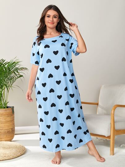 Plus Allover Heart Print Pajama Nightdress, Long Dress
