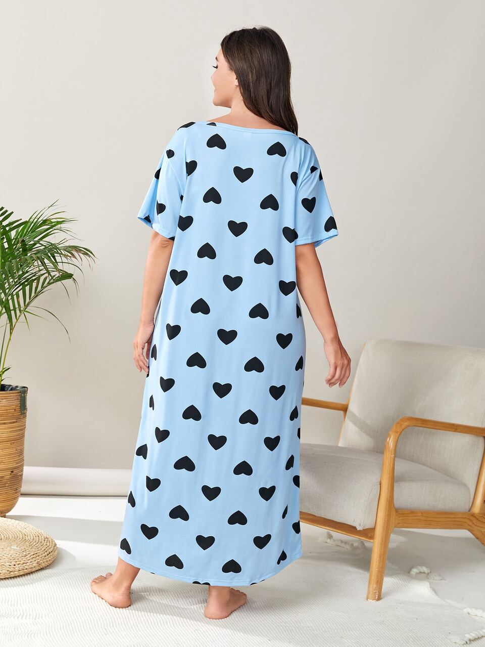 Plus Allover Heart Print Pajama Nightdress, Long Dress