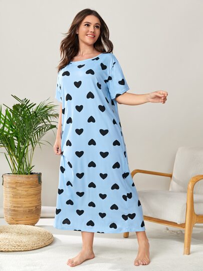 Plus Allover Heart Print Pajama Nightdress, Long Dress