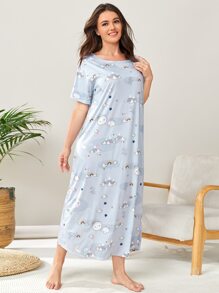 满版卡通图案睡衣睡裙、长裙