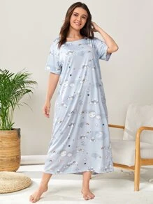 满版卡通图案睡衣睡裙、长裙