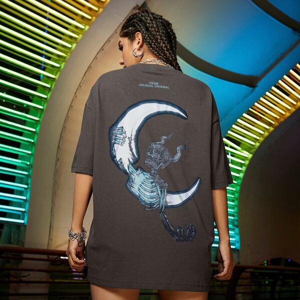 

Lightning And Skeleton Print Oversized Tee, Dark grey
