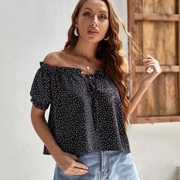 

Polka Dot Ruffle Trim Tie Front Bardot Blouse, Black