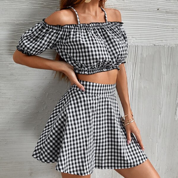 

Gingham Cold Shoulder Top & Skirt, Black and white