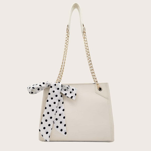 

Twilly Scarf Decor Croc Embossed Shoulder Bag, Beige