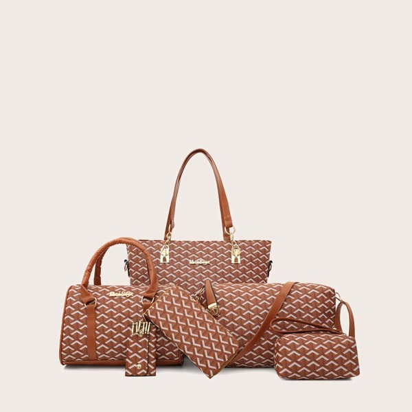 

6pcs Graphic Tote Bag Set, Brown