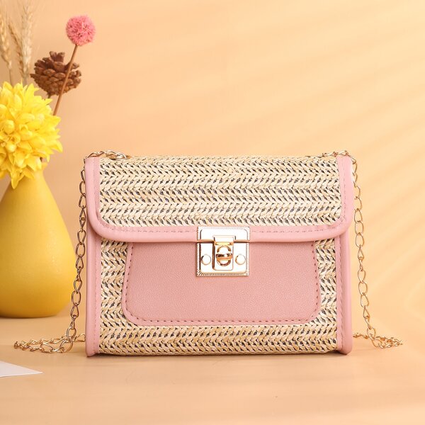 

Contrast Binding Straw Bag, Baby pink