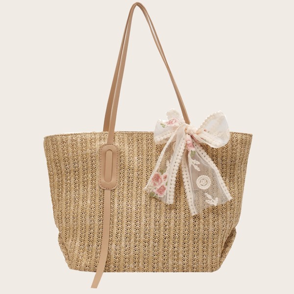 

Bow Decor Straw Bag, Khaki