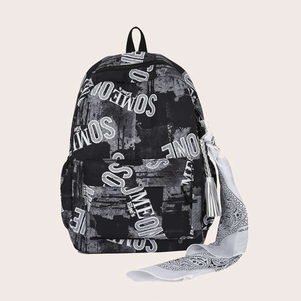 

Scarf Decor Letter Graphic Backpack, Black