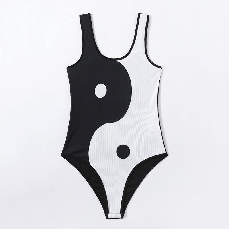 

Yin And Yang Graphic Ribbed Bodysuit, Black and white