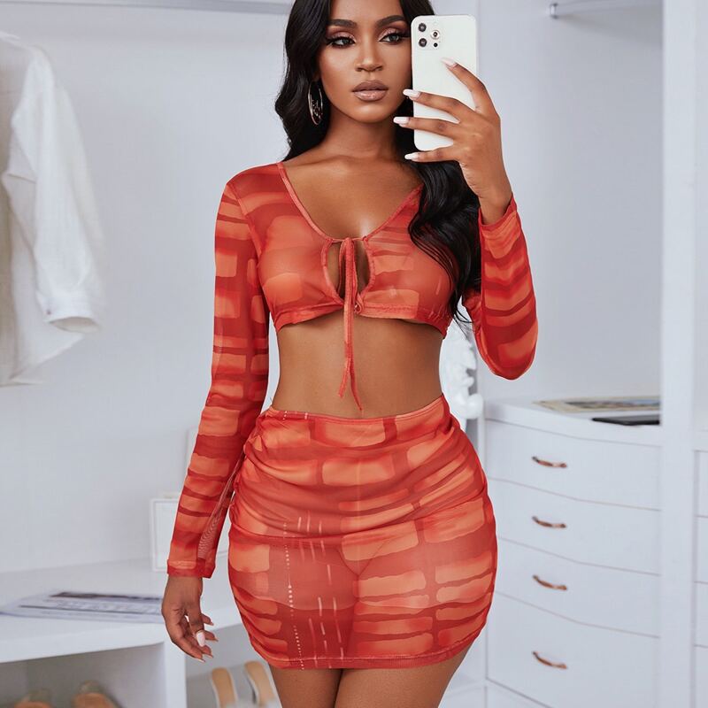 

Tie Front Top With Skirt Cover Up Set, Orange
