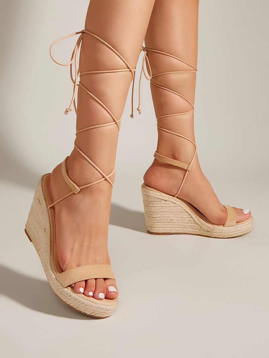 綁腿帆布鞋高跟坡跟涼鞋 - 杏色 - 查看 1