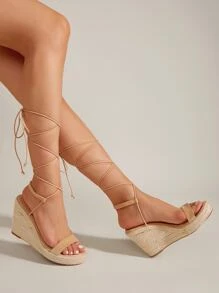 綁腿帆布鞋高跟坡跟涼鞋 - 杏色 - 查看 2