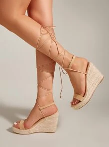 綁腿帆布鞋高跟坡跟涼鞋 - 杏色 - 查看 5