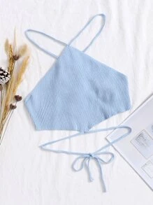 Crisscross Knotted Backless Rib Knit Top - Baby Blue - View 1