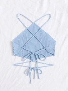 Crisscross Knotted Backless Rib Knit Top - Baby Blue - View 2
