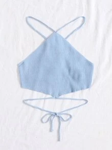 Crisscross Knotted Backless Rib Knit Top - Baby Blue - View 3