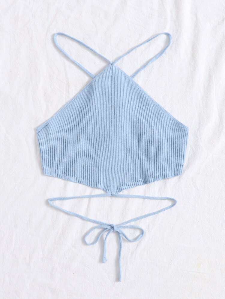 Crisscross Knotted Backless Rib Knit Top - Baby Blue - View 3
