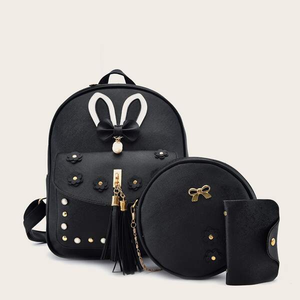 

3pcs Studded & Tassel Decor Backpack Set, Black