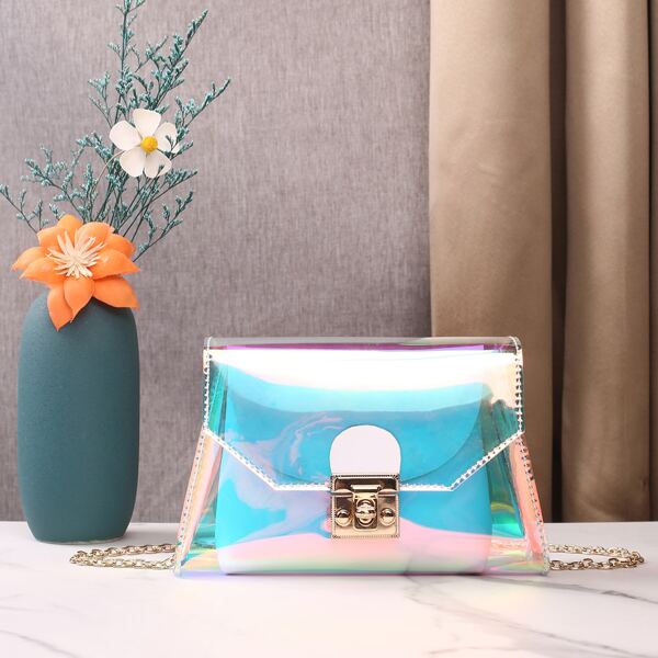 

Holographic Chain Crossbody Bag With Inner Pouch, White
