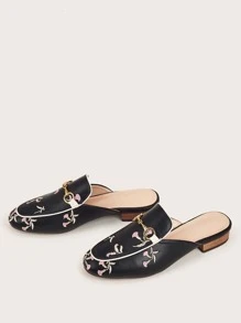 Floral Embroidery Loafer Mules, Black Fashionable Embroidery & Pure Metallic Flower Print Women's Flat Shoes Valentines