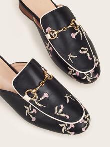 Floral Embroidery Loafer Mules, Black Fashionable Embroidery & Pure Metallic Flower Print Women's Flat Shoes Valentines