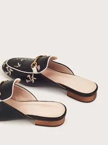 Floral Embroidery Loafer Mules, Black Fashionable Embroidery & Pure Metallic Flower Print Women's Flat Shoes Valentines